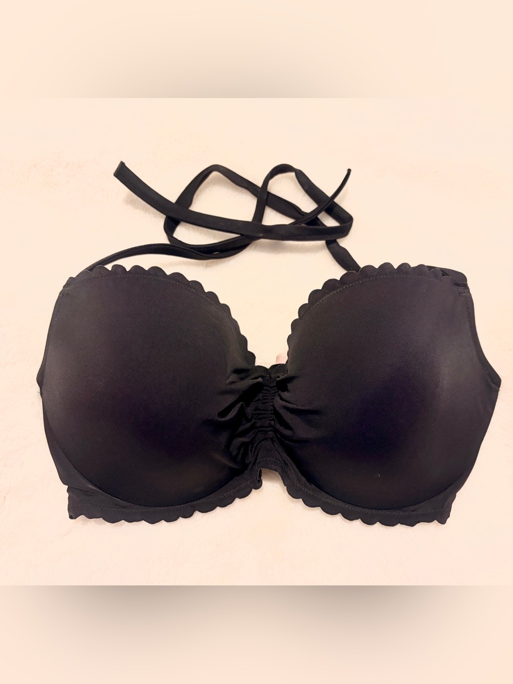 Victoria's Secret Black Scalloped Bikini top gold hook, tie halter  36DD